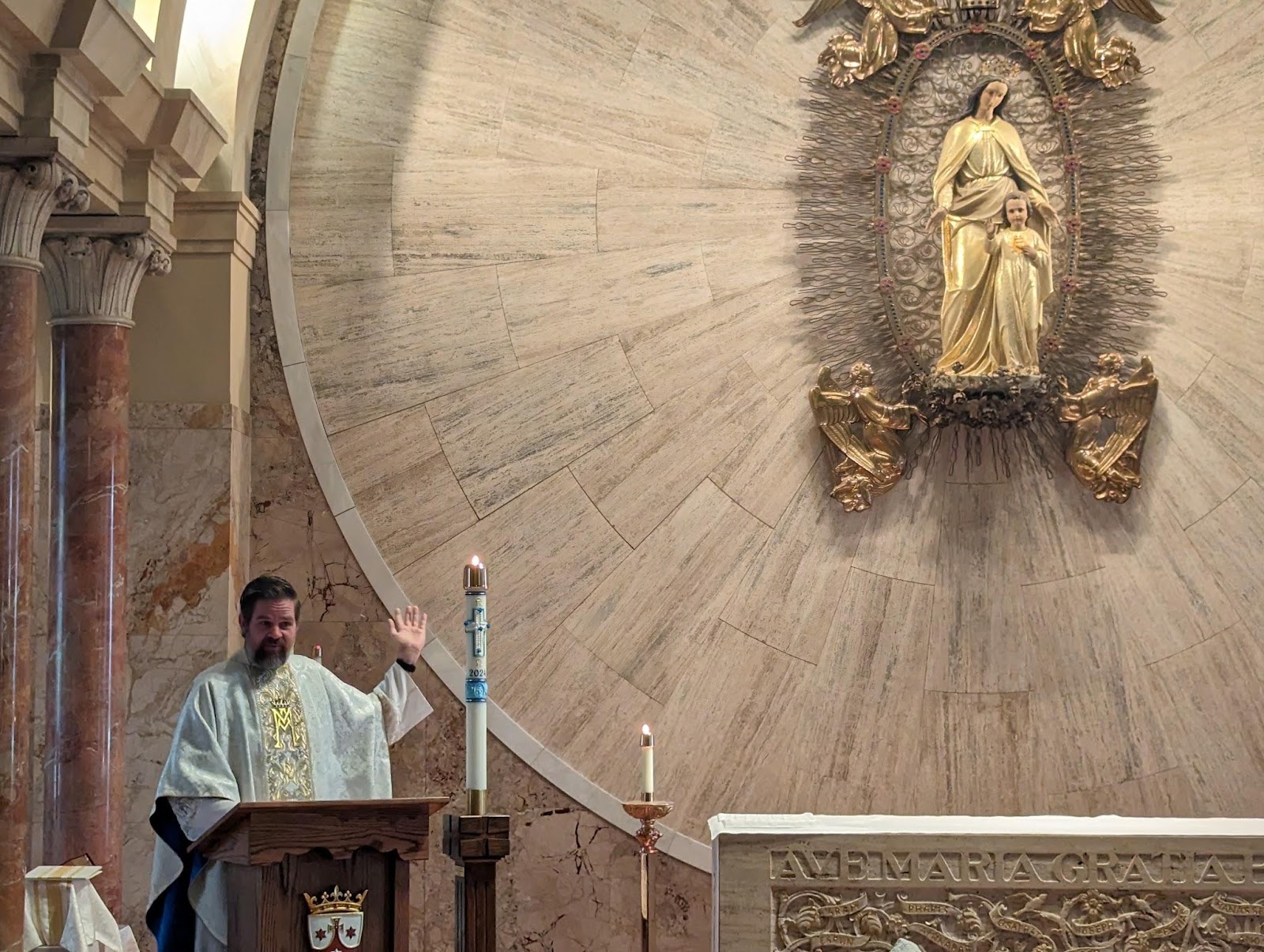 Fr. Chris Klusman in the Shrine Chapel at Holy Hill for MCG’s May Crowning Event