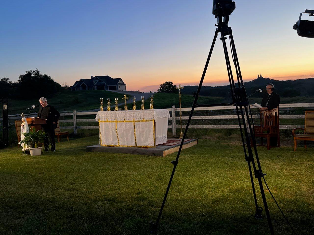 Bishop Donald Hying and Father Rocky of Relevant Radio broadcasting Rosary Across America Live