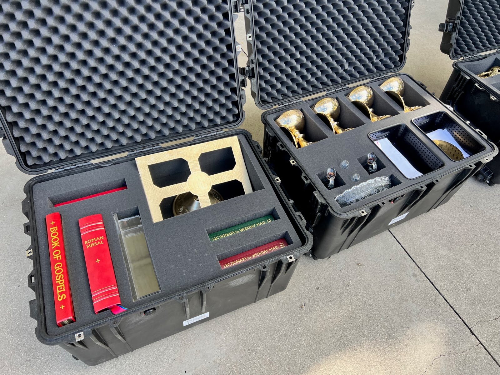 Pelican cases for storing the Sacred Vessel inside the Mobile Sacristy trailer